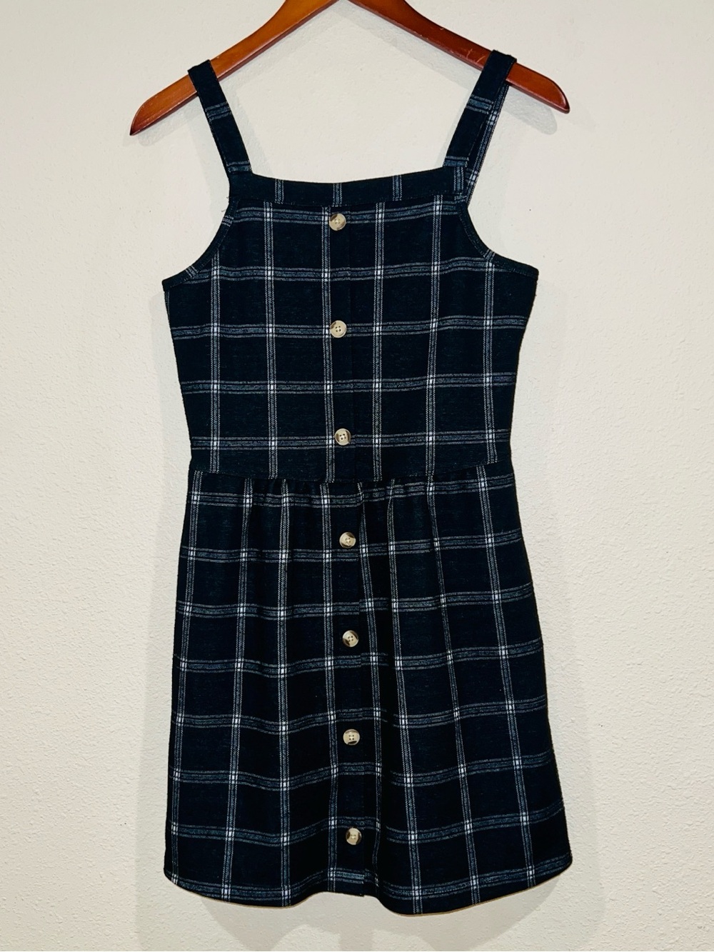 Abercrombie & Fitch kids Plaid Button-Front Pinafore Mini Dress in a size 15/16